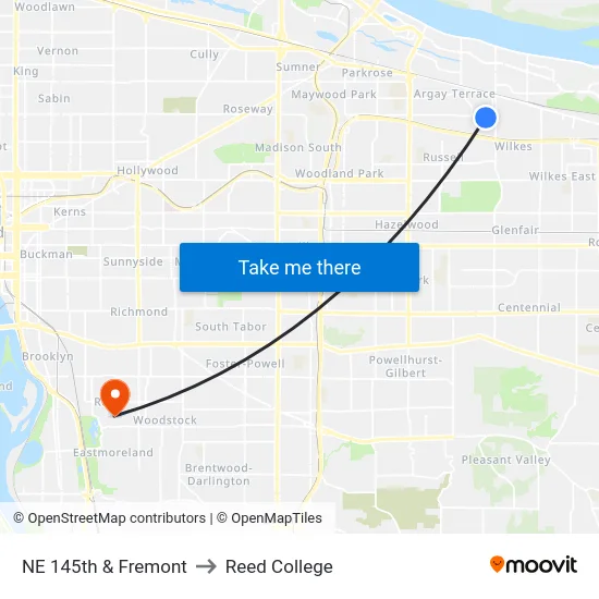 NE 145th & Fremont to Reed College map