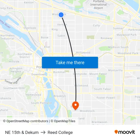 NE 15th & Dekum to Reed College map