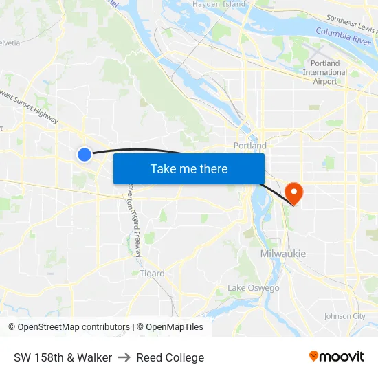 SW 158th & Walker to Reed College map
