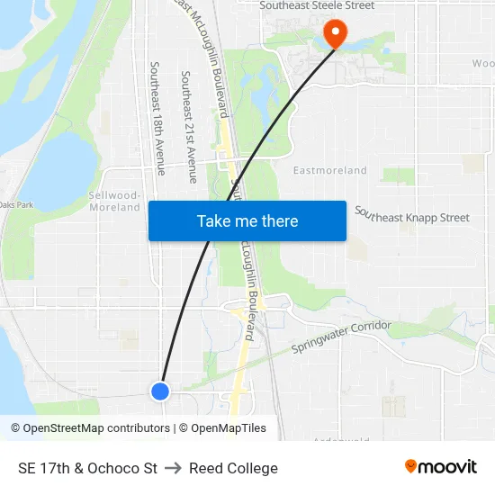 SE 17th & Ochoco St to Reed College map