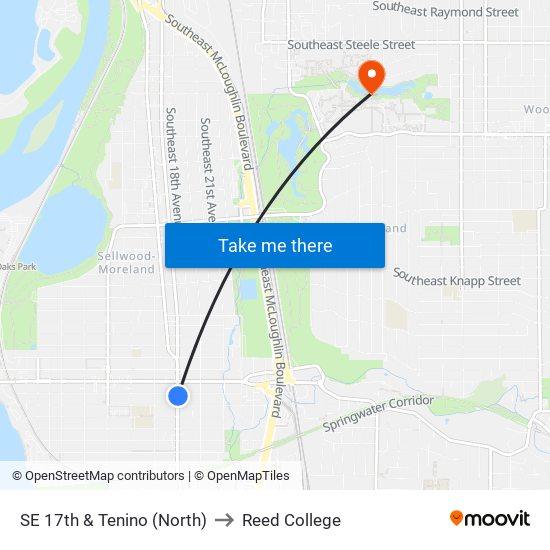 SE 17th & Tenino (North) to Reed College map