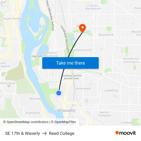 SE 17th & Waverly to Reed College map