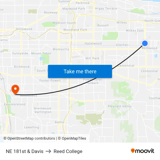 NE 181st & Davis to Reed College map