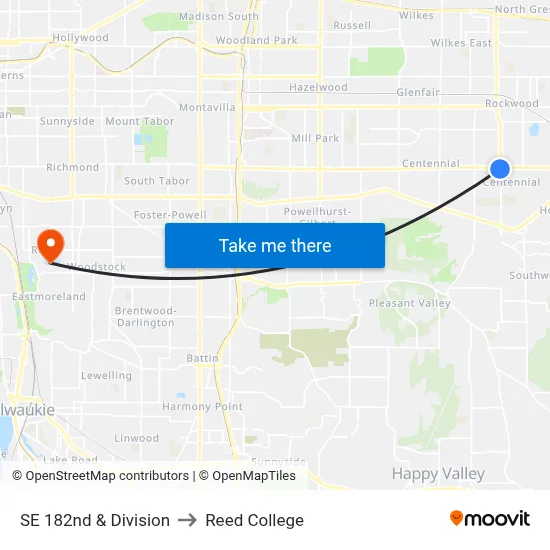 SE 182nd & Division to Reed College map