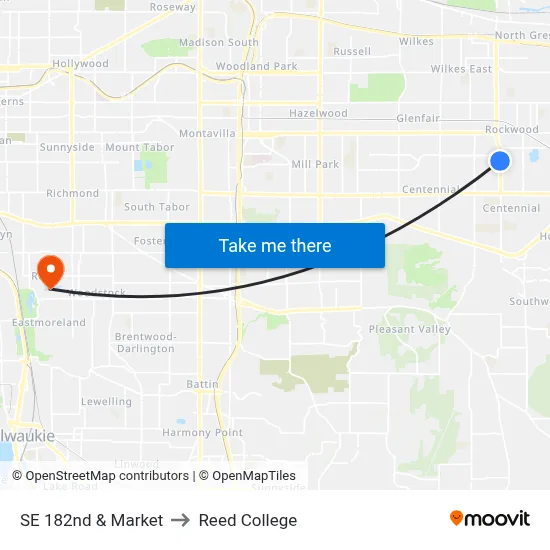 SE 182nd & Market to Reed College map