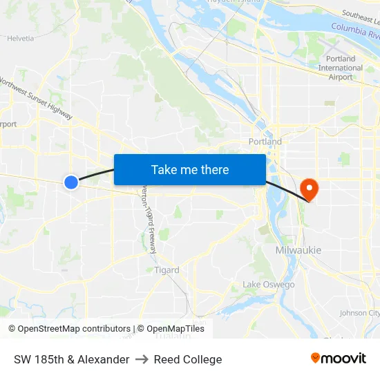 SW 185th & Alexander to Reed College map