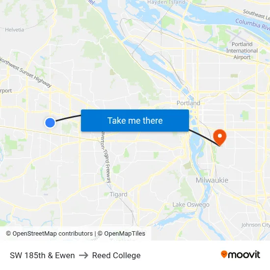 SW 185th & Ewen to Reed College map