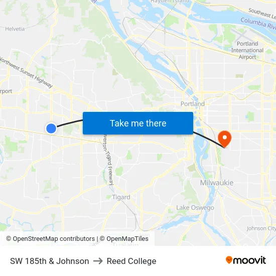 SW 185th & Johnson to Reed College map