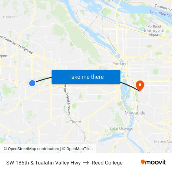 SW 185th & Tualatin Valley Hwy to Reed College map