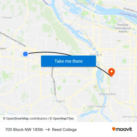 700 Block NW 185th to Reed College map