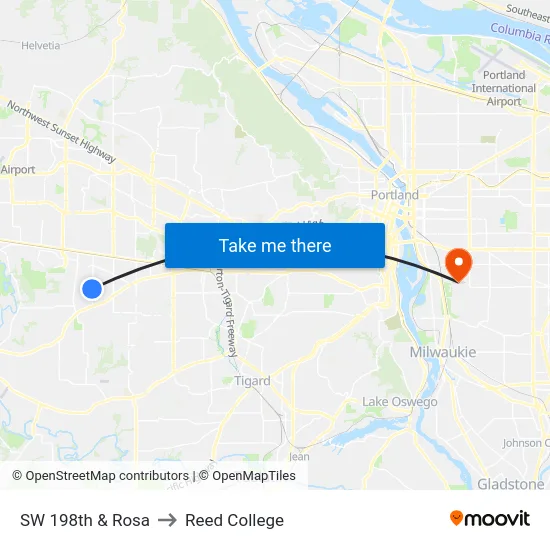 SW 198th & Rosa to Reed College map