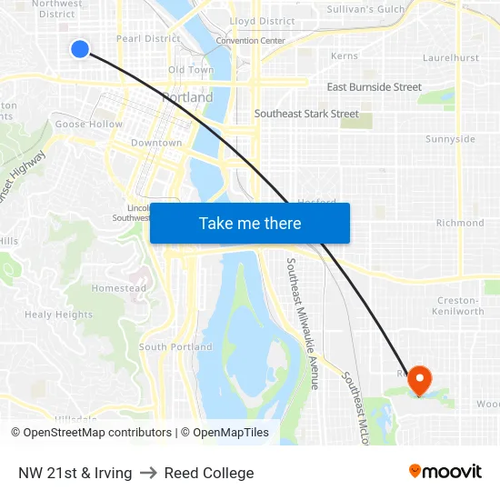 NW 21st & Irving to Reed College map