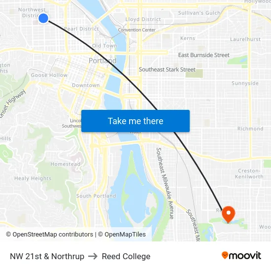 NW 21st & Northrup to Reed College map