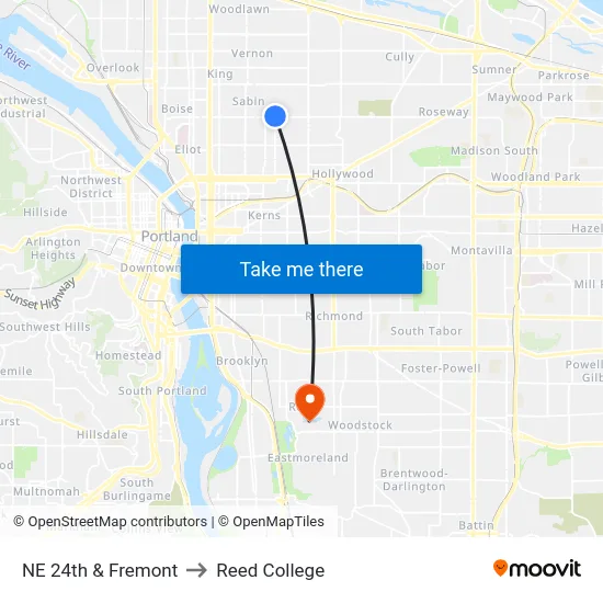 NE 24th & Fremont to Reed College map