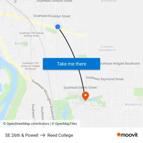 SE 26th & Powell to Reed College map