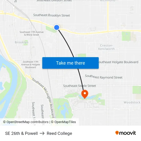 SE 26th & Powell to Reed College map