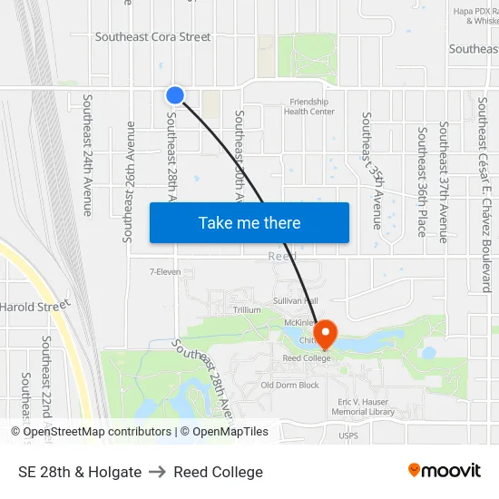 SE 28th & Holgate to Reed College map