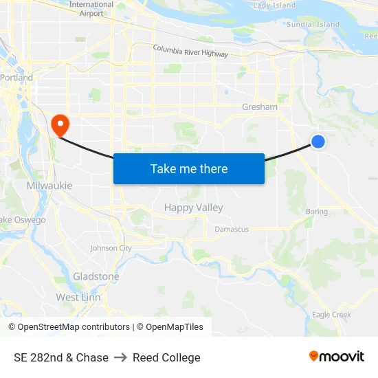 SE 282nd & Chase to Reed College map