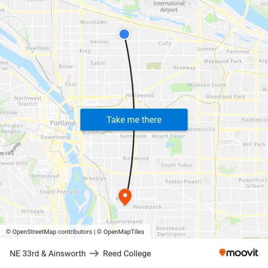 NE 33rd & Ainsworth to Reed College map