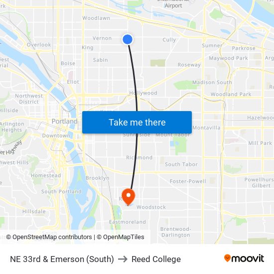 NE 33rd & Emerson (South) to Reed College map