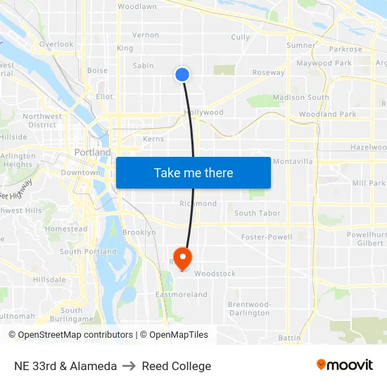 NE 33rd & Alameda to Reed College map