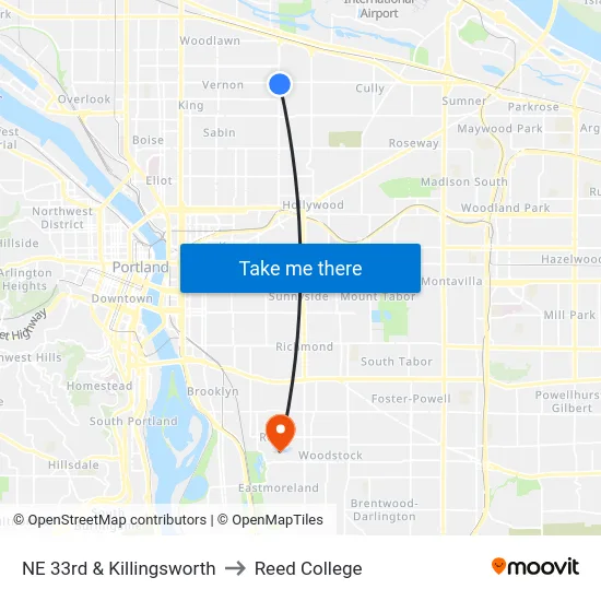 NE 33rd & Killingsworth to Reed College map