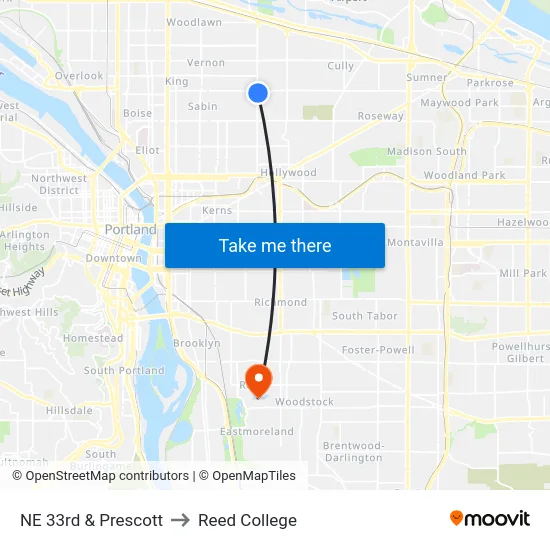 NE 33rd & Prescott to Reed College map
