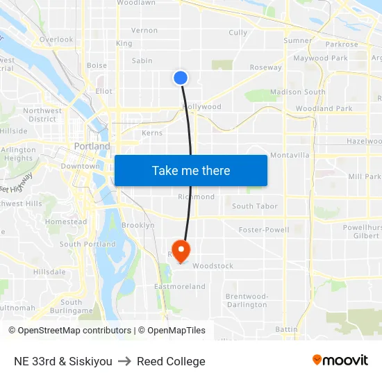 NE 33rd & Siskiyou to Reed College map