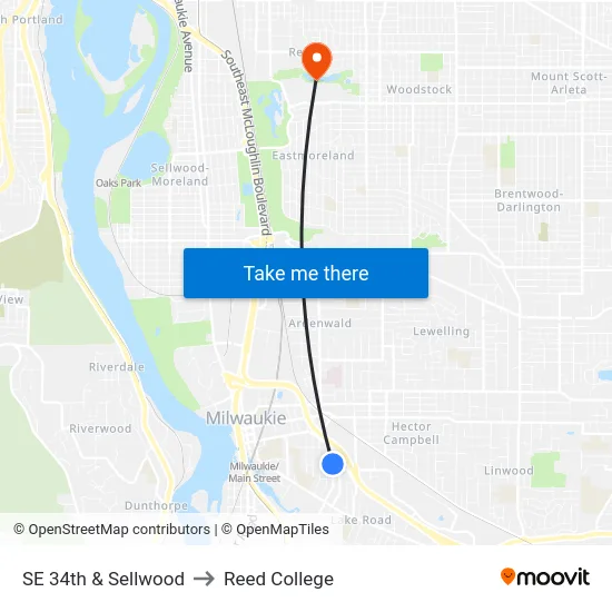 SE 34th & Sellwood to Reed College map
