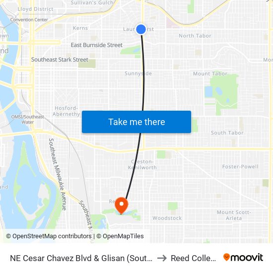 NE Cesar Chavez Blvd & Glisan (South) to Reed College map