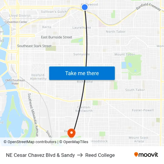 NE Cesar Chavez Blvd & Sandy to Reed College map