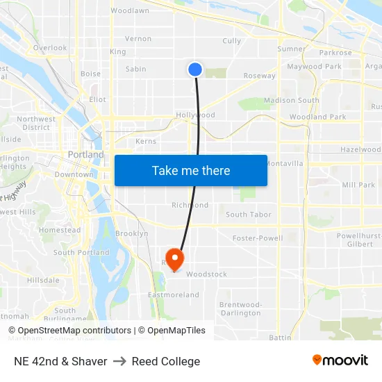 NE 42nd & Shaver to Reed College map