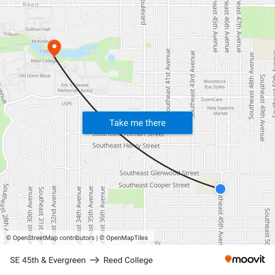 SE 45th & Evergreen to Reed College map