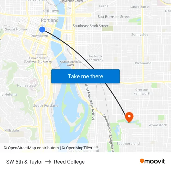 SW 5th & Taylor to Reed College map