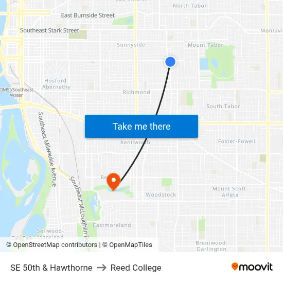SE 50th & Hawthorne to Reed College map