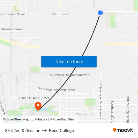 SE 52nd & Division to Reed College map
