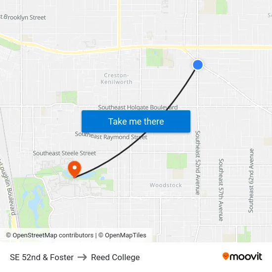 SE 52nd & Foster to Reed College map