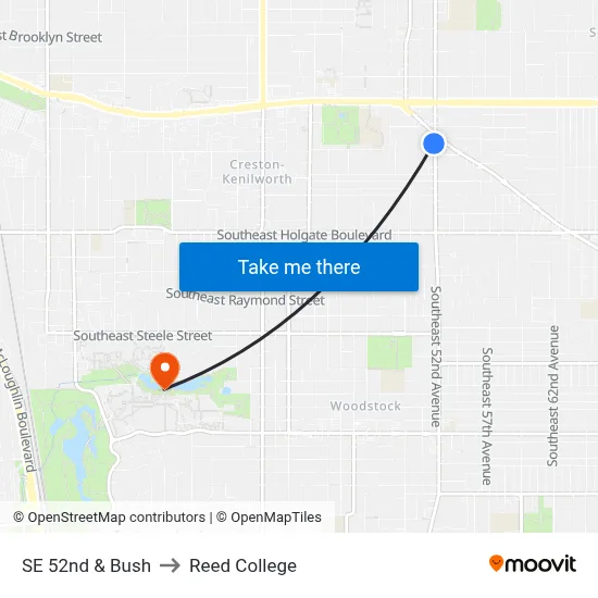 SE 52nd & Bush to Reed College map