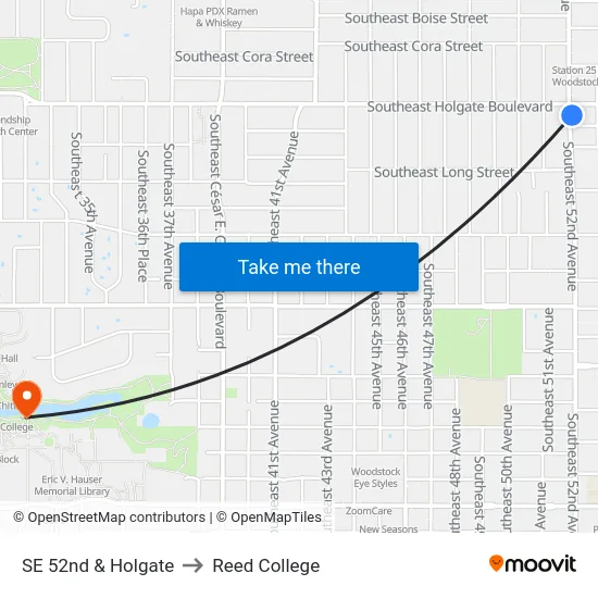 SE 52nd & Holgate to Reed College map