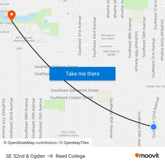 SE 52nd & Ogden to Reed College map