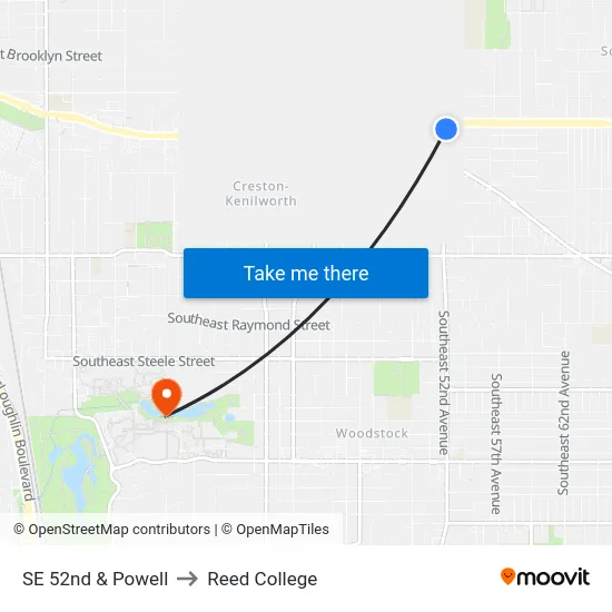 SE 52nd & Powell to Reed College map