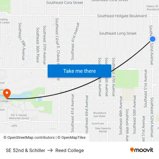 SE 52nd & Schiller to Reed College map