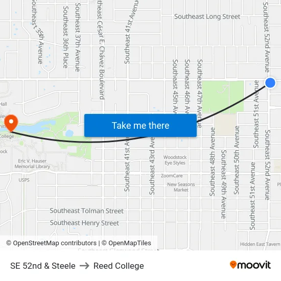 SE 52nd & Steele to Reed College map