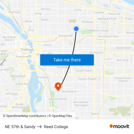 NE 57th & Sandy to Reed College map