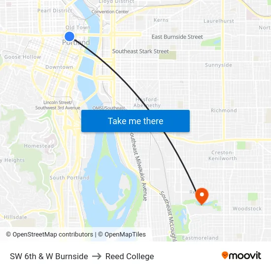 SW 6th & W Burnside to Reed College map
