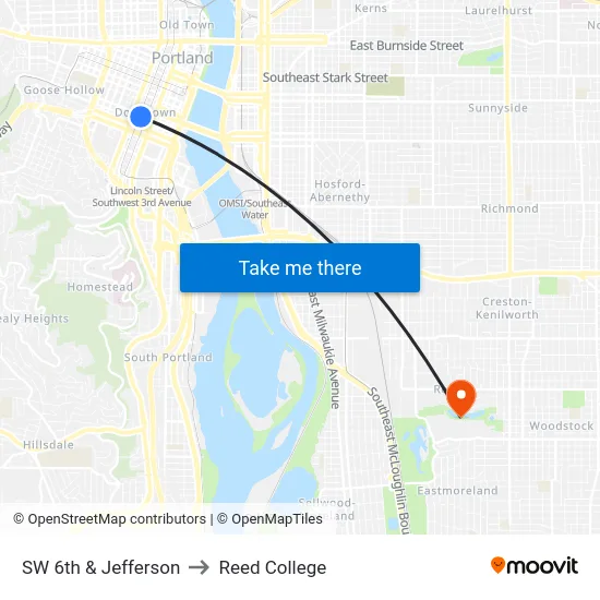 SW 6th & Jefferson to Reed College map