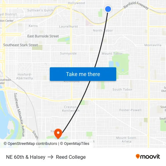 NE 60th & Halsey to Reed College map