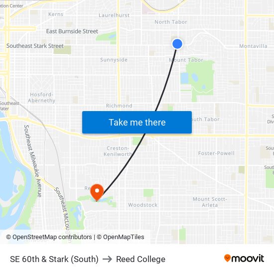 SE 60th & Stark (South) to Reed College map