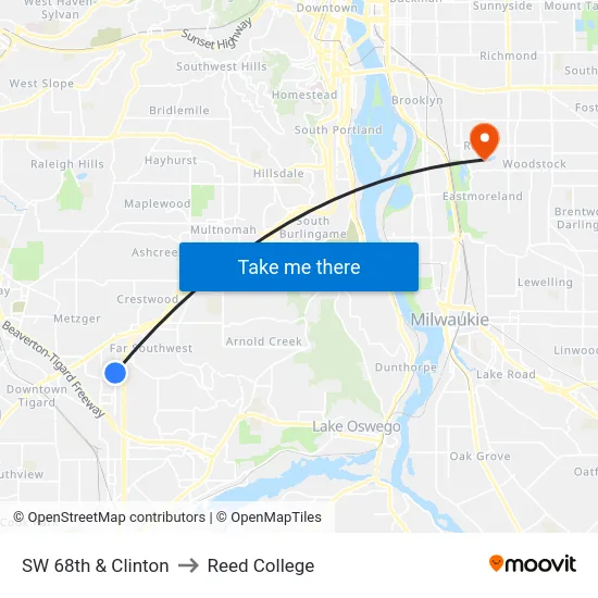 SW 68th & Clinton to Reed College map
