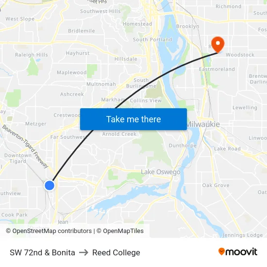 SW 72nd & Bonita to Reed College map